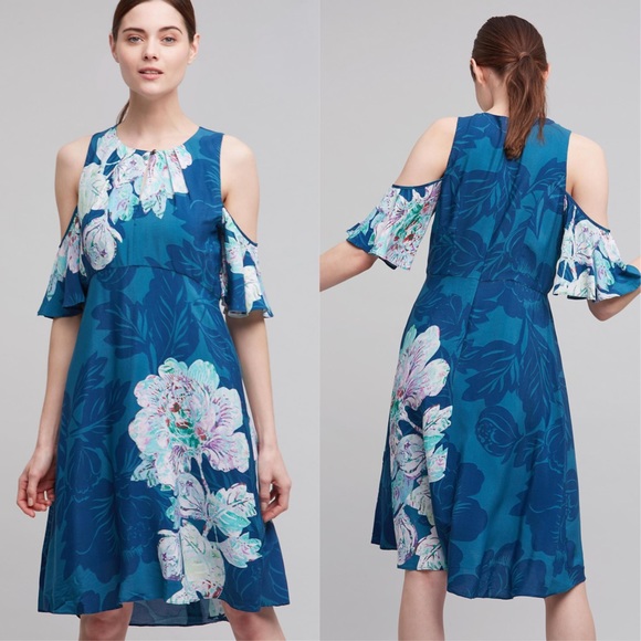 Anthropologie Maeve Elia Open Shoulder Dress Blue - Picture 2 of 12